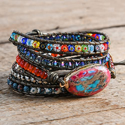 YGLINE Boho Handmade Natural Stone Wrap Bracelets Jasper Crystal Beads Bracelet Jewelry - color: jasper 2-5 wrap