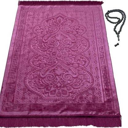 Modefa Luxury Velvet Prayer Rug with Prayer Beads | Soft Elegant Muslim Turkish Janamaz Sajada Carpet for Men and Women | Plain Solid Prayer Mat Ramadan Eid Gift - Paisley (Hot Pink) - color: Hot Pink