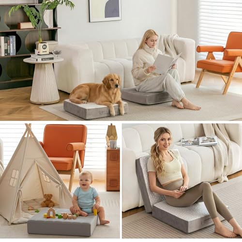 22 inch Floor Pillow for Adults and Kids - Meditation Cushions and Yoga Cushion for Floor Sitting Mattress Reversible (Cool & Warm) - Ideal for Living Room and Outdoor Use (1, Light Gray)
