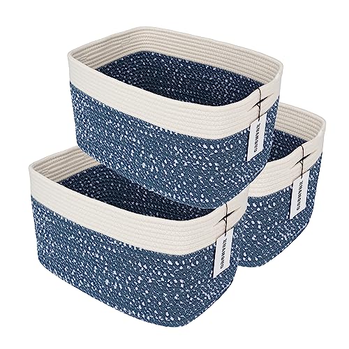 XUANGUO White and Blue Cotton Rope storage Basket Bins Woven Basket for Organizing Shelves 15X10X9.3“ Rectangle Decorative Baskets For storage Books Towels Wicker Nursery basket organizer Set of 3 - color: blue and white