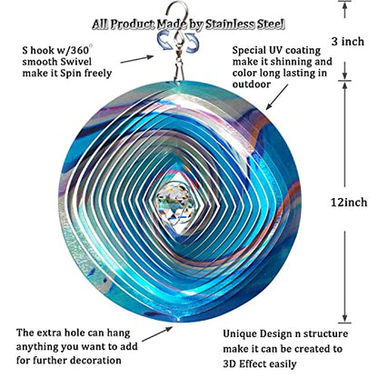FONMY Mandala Wind Spinner w/Crystal Ball 3D Stainless Steel Hanging Wind Spinner Worth Gift Christmas Decoration Indoor/Outdoor Garden Décor Kinetic Yard Art 12 Inches Multi Blue Wind Sculpture