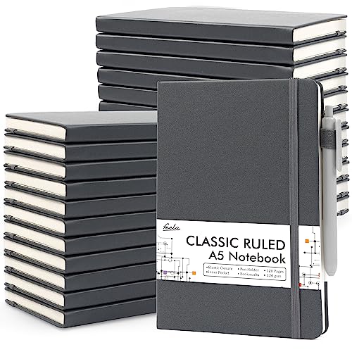 feela 24 Pack Journal Notebook for Work, Business Notebook Bulk Hardcover Lined Writing Journal with Pen Holder for Men Women Note Taking, with 24 Black Pens, 120 GSM, 5.1”x8.3”, A5, Gray - color: 24 Pack gray