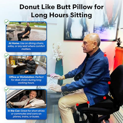 LiquiCell Coccyx Seat Cushion, Aid for Tailbone Pain Relief, Sciatica Pain, Back Support | Donut Like Butt Pillow for Long Hours Sitting at Home/Office Chair (17.5" W x 15.5" L x 2" H) - size: Regular - 17" x 15.5" x 2"
