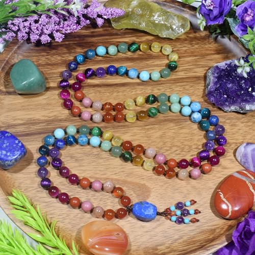 108 Mala Beads Genuine Semi-Precious Gemstone Hand Knotted 8MM Prayer Beads Long Multicolor Necklace 40 Inches