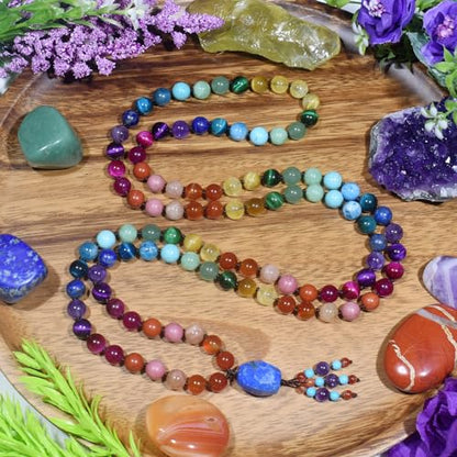 108 Mala Beads Genuine Semi-Precious Gemstone Hand Knotted 8MM Prayer Beads Long Multicolor Necklace 40 Inches