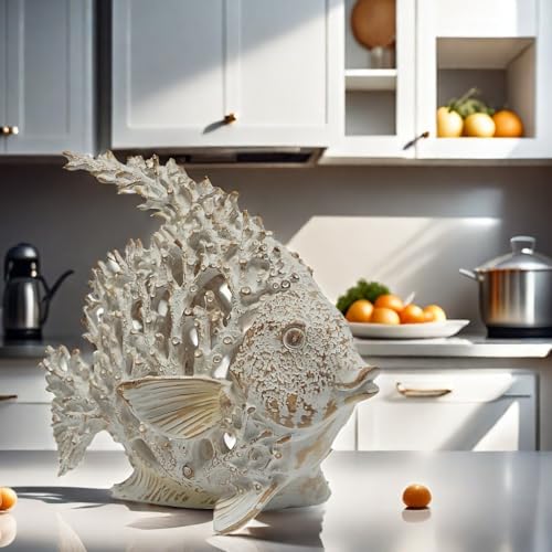Beach Coastal Decor Coral Reef Angelfish Home Office Desk Decor Sculpture Statue for Tabletop Shelf Bathroom Decoration Ornament Gift (White)
