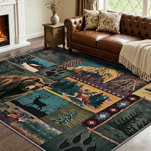 ASPMIZ Rustic Area Rugs 4x6 Living Room Rug, Low Pile Southwestern Washable Rug Non Slip, Soft Faux Wool Cabin Throw Rugs for Bedroom, Dining Room, Vintage Country Wildlife Home Decor, Blue - color: Blue, size: 4' X 6' (Rectangular)