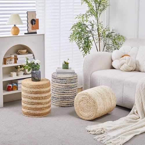 Ottoman Natural Seagrass Foot Rest Stool Hand Weave Round Foot Stool Pouf Boho Vanity Stools with Non-Skid Mat for Living Room Bedroom Hallway - color: Mix White-1