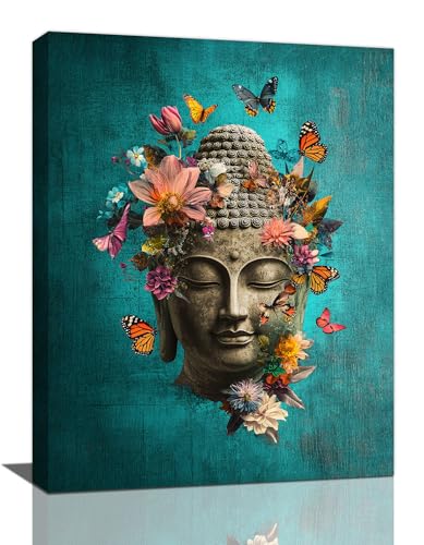 Olivine Zen Wall Art, Buddha Pictures Wall Decor, Teal Painting Flower Bloom Canvas Prints, Framed Artwork for Living Room Bedroom Bathroom Spa Office Home Decoration Meditation Yoga 16”x12” - color: Buddha, size: 16"L x 12"W