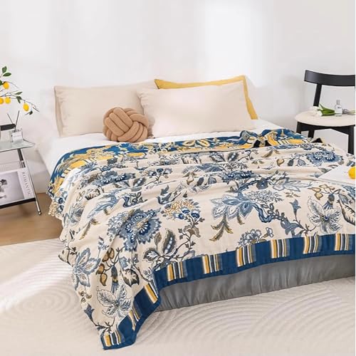 Snycler Boho Throw Blanket for Bed - 100% Cotton Ultra Soft Rustic Quilt - White Blue Floral Printed Farmhouse Decor Bed Blankets, 80"×90" All Season Rustic Throw for Sofa Couch Chair - color: White Blue Floral, size: 80"x90"
