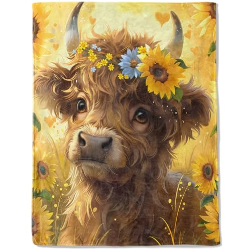 Rustic Highland Cow Sunflower Fleece Blanket,Country Farm Animal and Flower Blankets,Farmhouse Decorative Throws for Cabin,Office,Sofa,Lightweight Throw Gifts for Women Nature Lovers 40”x50” - color: Highland Cow 03, size: 40x50 inch