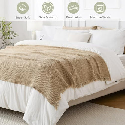 Muslin Blanket 100% Cotton Blanket Throw 50”x65”, Lightweight Breathable Summer Blanket Throw. Supersoft 4-Layer Gauze Throw Blanket for Sofa, Couch, Bed, All-Season Use, Sand