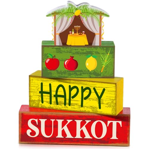 Yuntau 4 Pcs Happy Sukkot Table Decorations Sukkot Centerpieces for Tables Wooden Tabletop Party Decorations Rustic Block Sign for Tiered Tray Shelf Office Jewish Holiday Celebration Supplies - style: Happy Sukkot