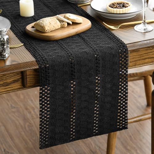 Artoid Mode Black Farmhouse Woven Rustic Hollow Table Runner, Seasonal Holiday Hollow Kitchen Dining Table Decoration for Home Party Decor 12x48 Inch - color: Black, size: 12" x 48", Table Runner
