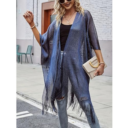Sparkle Metallic Evening Shawls for Women formal Party Dresses Beach Travel Cardigan Shawl Wrap for Swimsuit - color: L-navy Blue