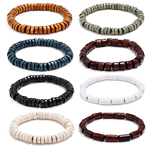 7/8/15Pcs Classic Natural Sandalwood Wooden Beaded Bracelet Set Vintage Elastic Round Strand Wood Tibetan Bracelet Set for Men Women Meditation Buddhist Mala Prayer Jewelry