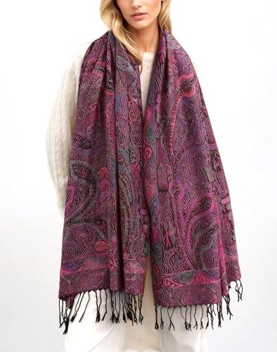 Achillea Reversible Paisley Pashmina Rave Scarf – Exotic Indian Shawls and Wraps for Evening Dresses, Festivals, All Seasons - color: Tapestry Fuchsia