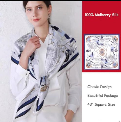 ANDANTINO 100% Silk Scarf 43" Large Square Lightweight Headscarf& Shawl–Women Hair Wraps-With Gift Packed - color: Nautical-blue&white