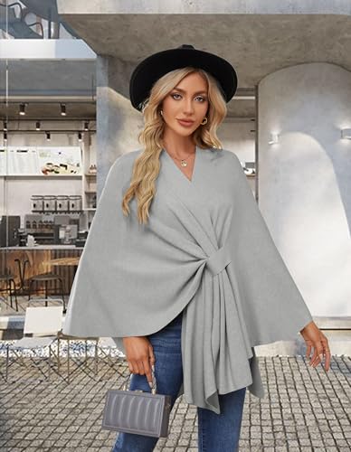 PULI Women's Elegant Shawl Wraps Soft Open Front Poncho Sweater for Spring Fall Winter - color: Front Tab-grey