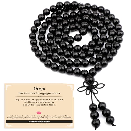 AD Beads 6mm 8mm 108 Prayer Mala Jasper Elastic Bracelet - Handmade Yoga Meditation Healing Power Energy Gifts for Unisex Adult. - color: Onyx(Positive Energy Generator)