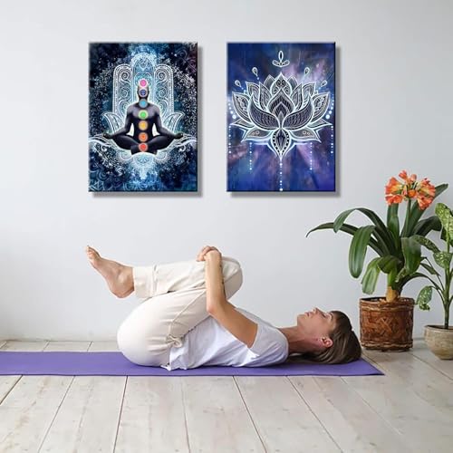 2 Pcs Framed Spiritual Canvas Wall Art Mural Chakra Meditation Poster Lotus Mandala Printed Zen Yoga Artwork Used Mindfulness Therapy Posters Bohemian Picture Home Decoration Gallery Wrapping 12X16Inch