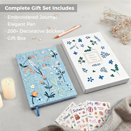 Journal for Women, Embroidered Linen Hardcover Notebook, A5 Journals for Writing & Sketching, Half Blank & Half Lined Journal, Aesthetic Writing Journal with Pen & 200+Stickers, Gift Set for Women - color: Stone Gray