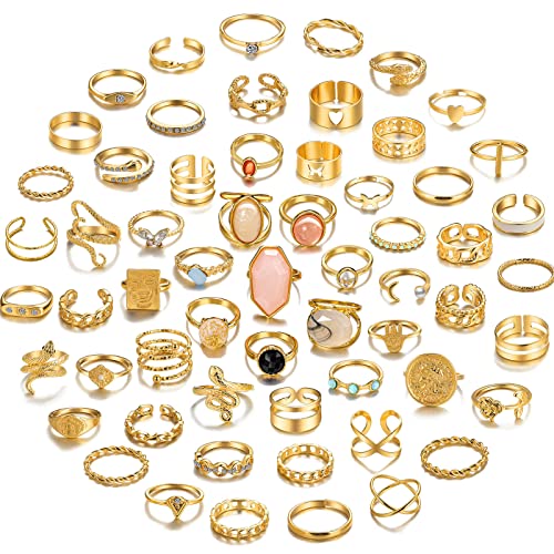 60 Pcs Gold Stacks Ring Sets for Women Non Tarnish, Dainty Vintage Stackable Rings Pack, Finger Midi Knuckle Rings for Jewelry Gift - color: Gold-60pcs