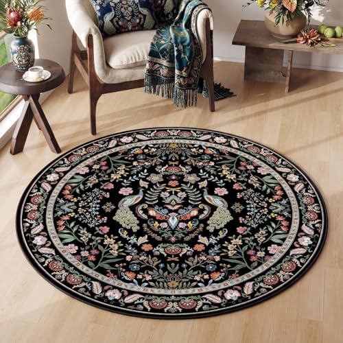 Round Rug 4ft Washable Circle Rug Non Slip Thin Low Pile Circular Rug for Bedroom, Bathroom, Entryway, Kids Room, Office (Vibrant Black) - color: Vibrant Black, size: 4' (Round)