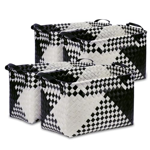 BROWNLILY Handwoven Clothes Basket Laundry Hampers Large Wicker Storage Baskets for Shelves Blankets Closet Storage Bins Car Bedroom Bathroom Organizers and Storage Bath (Pack of 4, Beige & Black) - color: Black & Beige *4