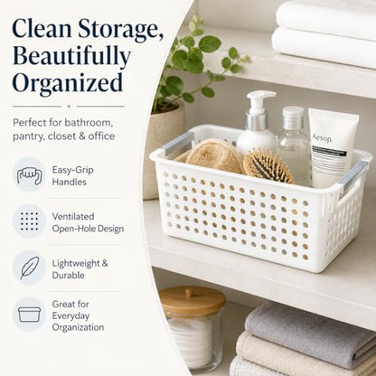 Basicwise Set of 3 White Rectangular Plastic Storage Basket with Easy-Grip Handles Ventilated Organizer Bin for Bathroom Pantry Closet Laundry Kitchen Shelf Countertop & Home Organization Essentials - size: Set of 3