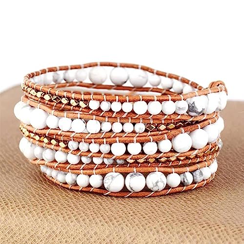 Boho Wrap Bead Bracelet for Women - Handmade Adjustable Natural Stone Beaded Bracelets Yoga Healing Bracelet Bangle Hippie Jewelry - color: White Turquoise #2