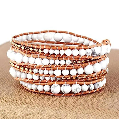 Boho Wrap Bead Bracelet for Women - Handmade Adjustable Natural Stone Beaded Bracelets Yoga Healing Bracelet Bangle Hippie Jewelry - color: White Turquoise #2