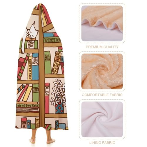 Sleeping Cat Library Bookshelf Large Size Comfortable Hooded Blanket, Warm Blanket 40"x50" - color: Sleeping Cat Library Bookshelf, size: 40"x50"