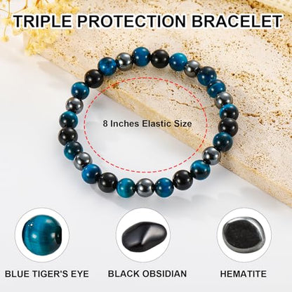 Gnamy Crystal Bracelet Gifts for Men Him- Triple Protection Hematite Black Obsidian Tiger Eye Gemstone Beaded Bracelets Birthday Healing Jewelry Gifts - style: Style 2