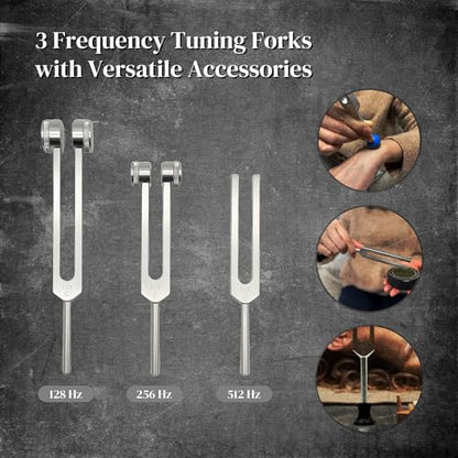 Tuning Forks for Healing Set (128Hz, 256Hz, 512Hz), Yoga and Meditation Accessories & Sound Therapy Devices, Sound Healing Instruments for Chakra, A Good Gift for Women and Meditation Beginner