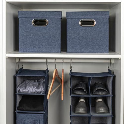 Household Essentials Collapsible Cotton Blend Cube Storage Box with Lid and Metal Grommet Handle, Set of 2, Denim - color: Denim