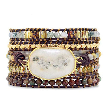 Boho Wrap Bracelet for Women, Handmade Natural Imperial Jasper Multi-Layer Stone Beaded Bracelet, Bohemian Healing Crystal Stone Jewelry Gifts - color: White Opal