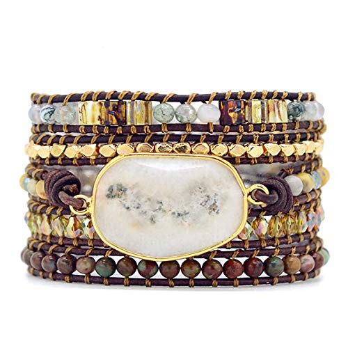 Boho Wrap Bracelet for Women, Handmade Natural Imperial Jasper Multi-Layer Stone Beaded Bracelet, Bohemian Healing Crystal Stone Jewelry Gifts - color: White Opal