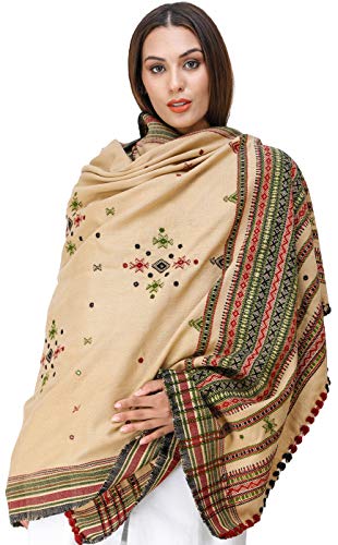 Exotic India Shawl from Kutch with Embroidered Bootis and Mirrors - Wool - color: Beige
