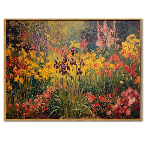 Mifure Vibrant Impressionist Floral Garden Canvas Wall Art - Colorful Iris Gladiolus Print for Living Room Bedroom Office Decor - Framed Ready to Hang 12x16 Inches - color: Iris (Vintage Framed), size: 16"L x 12"W