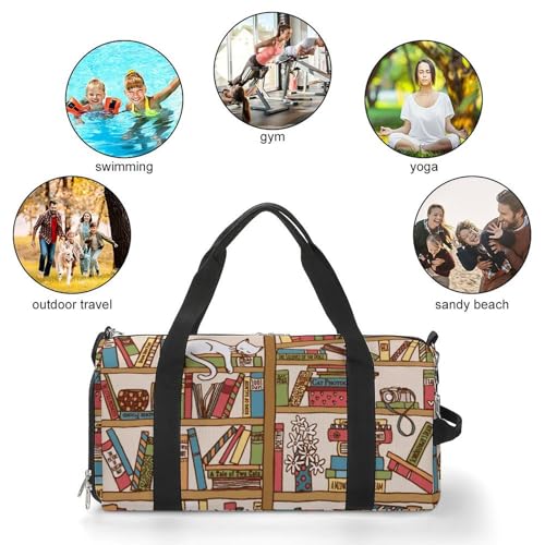 Sleeping Cat Library Bookshelf Large Capacity Portable Fitness Bag, Easy to Carry - color: sleeping cat library bookshelf