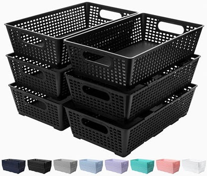 Tiawudi Stackable Woven Plastic Basket, Storage Bins for Cabinet, Closet, Shelf, Under Sink and Countertop, Pantry Organizer Bins, 6 Pack - color: Black