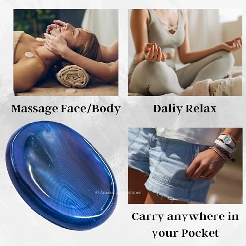 Amazing Gemstone Alma Blue Agate Worry Stone, Healing Crystals - Piedra Crystal Fidget for Gift, Meditation, Calming, Relaxation, Stress Relief - color: Blue Agate