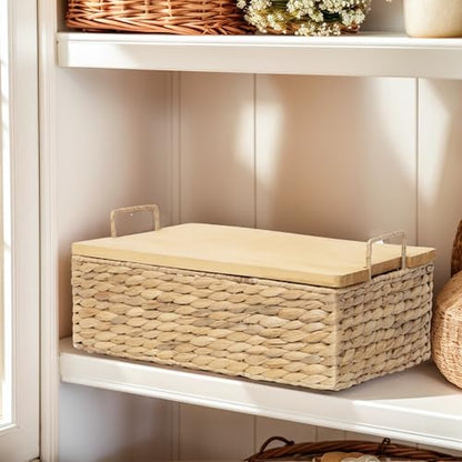 Handmade Water Hyacinth Woven Storage Basket with Lid, Multi - Functional Wicker Organizing Baskets (Small) - size: Small (Single)