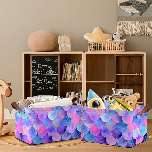 Glitter Fish Scales Storage Baskets,Mermaids Foldable Organizer Bin with Handles for Home Living Room Bedroom Closet Box 17x11.5x10Inch - color: Glitter Fish Scales Mermaids