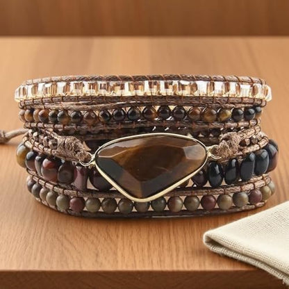 Boho Wrap Bracelet for Women, Handmade Natural Imperial Jasper Multi-Layer Stone Beaded Bracelet, Bohemian Healing Crystal Stone Jewelry Gifts - color: Tiger Eye #2