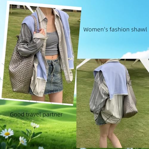 Sweater Shawl Wraps for Women Fashion Knitted Shoulder Shawls Ponchos Casual Sweaters Scarf Cape Wraps with Sleeves - color: 09 Skyblue/White Trim