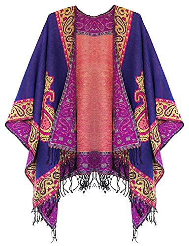 Urban CoCo Women's Retro Style Vintage Pattern Tassel Poncho Shawl Cape Wraps For Women - color: Series 2-royal Blue
