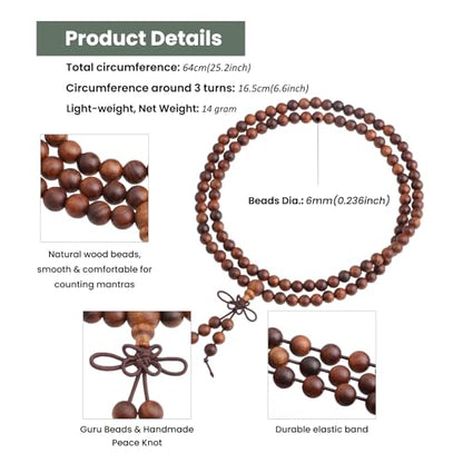 Nupuyai Natural Wood Wrap Bracelet for Women and Men, 108 Prayer Mala Beads Tibetan Necklace for Unisex Elastic Meditation Yoga Jewelry - color: 01-Black Rosewood(6mm)