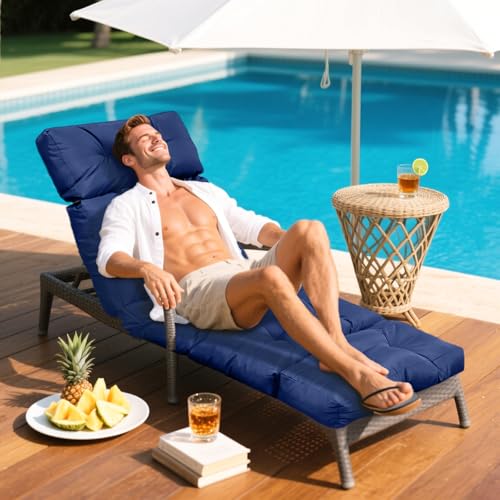 Outdoor Chaise Lounge Chair Cushion 75.1 x 23.6 x 4.7in, Waterproof Replacement Cotton Patio Thickened Pool Lounge Chair Cushion with Ties for Patio Outdoor Furniture,Navy Blue - color: Navy Blue